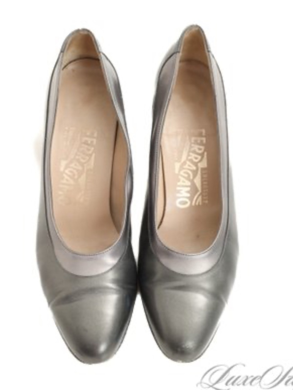 Salvatore Ferragamo pewter metallic leather pumps